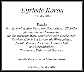 Anzeige von Elfriede Karau von LZ